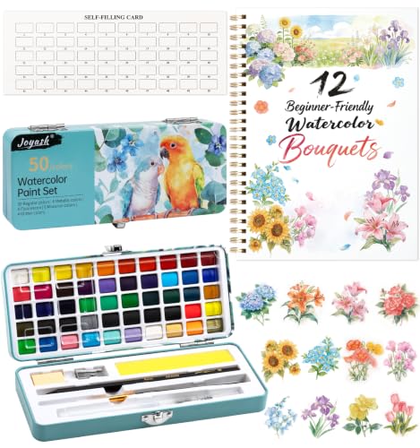 Watercolor Workbook, Water Coloring Book, 12 Different Patterns of Original DIY Designs, 50 Colors Watercolor Paint Set with Palette and Brush, Beginner-Friendly Watercolor Workbooks (Bouquets) - color: Flowers