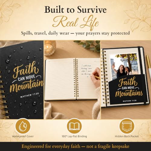 Only Zest Hardcover Blank Christian Notebook – 140 Pages - Matthew 17:20 | Lined Pages with Bible Verse Cover – Inspirational Writing Spiral Notebook for Bible Study, "Faith Can Move Mountains", Black - color: Faith_Black