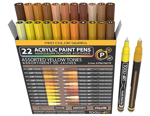 Acrylic Paint Pens 22 Yellow & Brown Tones Assorted Pro Color Series Markers Set 0.7mm Extra Fine Tip for Rock Painting, Glass, Mugs, Wood, Metal, Canvas, Projects, Non Toxic, Waterbased, Quick Drying - color: YELLOW XF