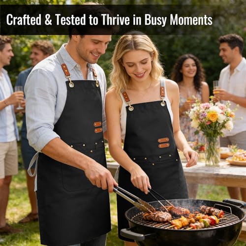 Aoomzoon Durable Kitchen Apron,Multifunctional Chef Aprons for Women & Men with Pockets for Cooking Baking & Daily Use - color: Black
