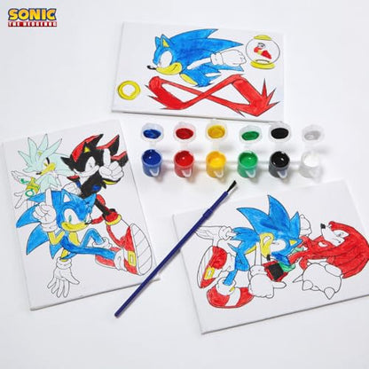 Sonic the Hedgehog Canvas Paint Set with 3 Canvases, Paint & Easel for Kids | 3 Preprinted Canvases, 6 Acrylic Paints, Paintbrush & Easel, DIY Sonic Coloring, Wall Art, Arts & Crafts Activity for Kids - color: Sonic