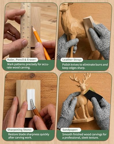T98 28Pcs Wood Carving Kit & Whittling Tools Set – Deluxe Woodworking Hobby Kit with 8 Carving Knives, 5 Basswood Blocks, 4 Templates, Leather Bag & Safety Gear – DIY Craft Gift for Beginners & Adults
