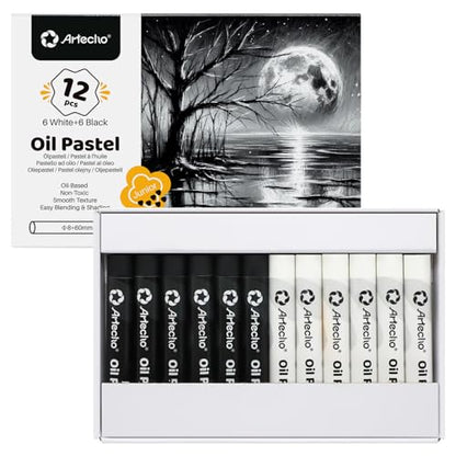 Artecho Oil Pastels Set of 12 PCS, 6 White and 6 Black (8 x 60 mm) | Soft Oil Pastels, For Art Painting, Drawing, Blending, For Artists, Beginners, Students, Teachers - style: White and Black