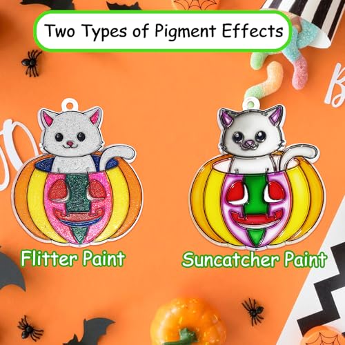 Ayhuhra 30 Sets Halloween Suncatcher Keychains Craft DIY Window Paint Art Suncatchers Witch Pumpkin Bat Cat Ghost Trick or Treat Sun Catchers for Halloween Activities Art Project - style: Halloween