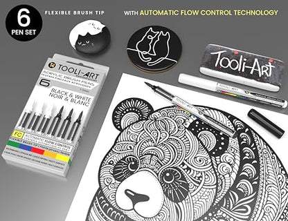 6 Black & White Acrylic Paint Pens – Flexible Brush Markers with Automatic Flow Control, 1–5mm, Waterbased, Illustration, Lettering & Multi-Surface Glass, Wood, Metal, Canvas, Fabric, Plastic, Paper