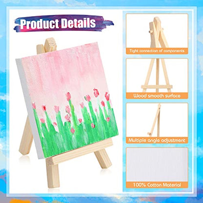 Fuutreo 200 Pcs 4 x 4 Inch Mini Canvas and Easel Set, 100 Mini Stretched Canvas with 100 Wooden Easels for Acrylic Pouring Oil Paint Water Color Painting - size: 4 x 4 Inch
