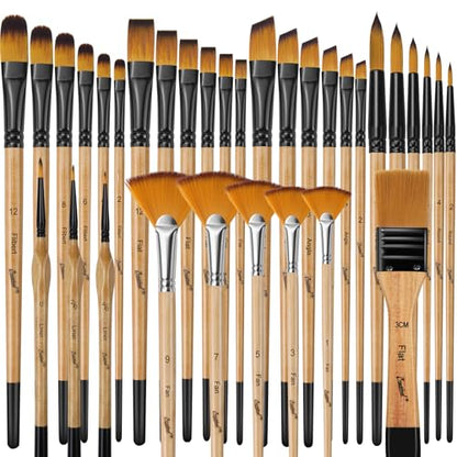 Bougimal 33 Pcs Paint Brush Set, Artist Paint Brushes for Acrylic Painting, Oil, Watercolor, Gouache, with Flat Round Filbert Fan Angle Detail Brush, Suitable for Artists and Beginners - color: Wooden 2