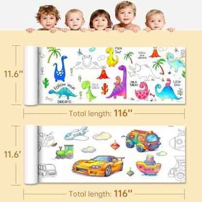 2-Pack Boys Coloring Paper Roll, 1 Dinosaur World + 1 Vehicle Adventure, 116"x11.6" Giant Drawing Paper, Reusable Mess-Free Art Paper Set for Toddler Boys Ages 3-8, Best Birthday Gift & Tablecloth - color: C8