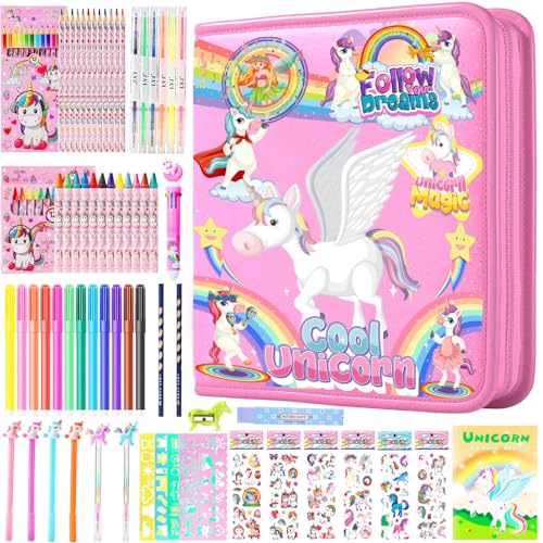 DOKKIA Fruit Scented Coloring Pens Markers Set 65 PCS Art Craft Drawing Case - Washable Kits Pencil,Gel Pen,Crayon&Coloring Book Supplies Pink Unicorn Rainbow - color: Pink Unicorn Rainbow