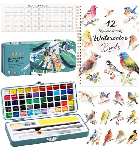 Watercolor Workbook Birds, Water Coloring Book, 12 Different Patterns of Original DIY Designs, 50 Colors Watercolor Paint Set with Palette and Brush, Beginner-Friendly Watercolor Workbooks (Birds) - color: Birds