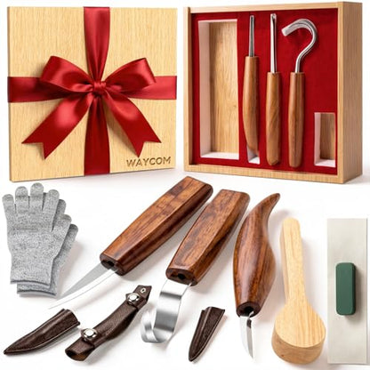 WAYCOM 12pcs Wood Whittling Kit Wood Carving Tools Set Hook Carving Knife,Detail Wood Knife,Whittling Knife Cut Resistant Gloves Leather Sheath And Bamboo Present Box For Spoon,Bowl,Cup
