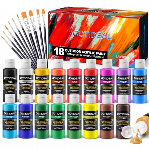 GOTIDEAL Acrylic Paint Set, 18 Colors Outdoor Acrylic Paint (100m,3.4 oz) | with 10 Brushes, Non-Toxic Waterproof Art Paints for Canvas, Wood, Rocks, Craft Supplies for Artists & Beginners