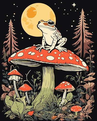 Mushroom Paint By Numbers Kit For Adults, Country Night Paint By Number Kits For Beginner Frog Moon Acrylic On Canvas Diy Oil Painting Kit Adults' Paint-By-Number For Gift Home Wall Decor 16x20 Inch - color: Mushroom