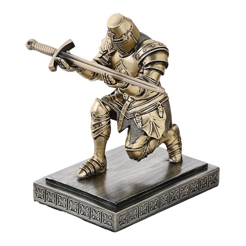 Templar Vanguard Soldier Pen Holder Desk Organizers Crafts as Gifts Bronze | Very Solid and Sturdy Pencil Stand Paperweight Desktop Decoration with a Fancy Sword for Medieval Warrior Enthusiast - color: Bronze