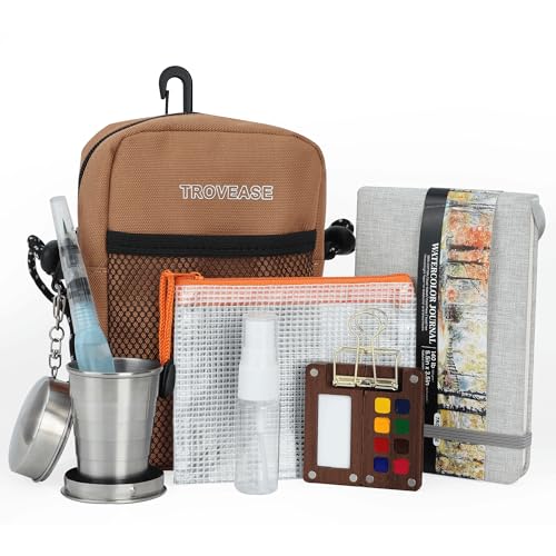 Trovease Pocket Watercolor Set Wood Mini Watercolor Travel Set | 8-Well Solid Pigment Portable Palette, 140lb Cotton Sketchbook, Travel Pouch, Mobile Outdoor Art Creation Set - color: 8 Colors
