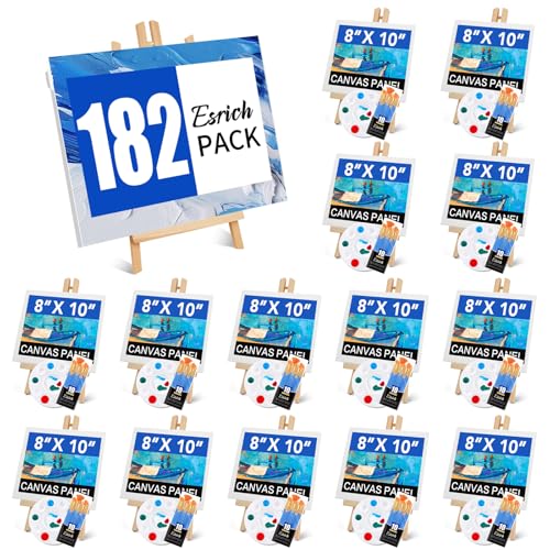 ESRICH 182 Pack Canvas with Easel Set 8 x 10 in Canvas Boards with 11.8 in Wooden Easels, Paint Brushes Canvas Panel Painting Kit for Acrylic Oil Watercolor Beginners Art Crafts Sip and Paint Party - style: 182PCS