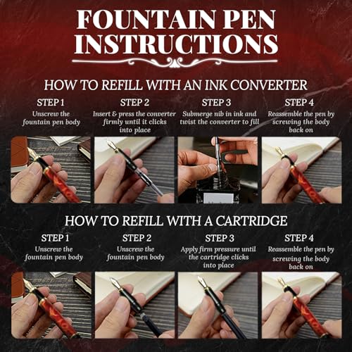 YUNCHUN Red Dragon Fountain Pen for Writing, Refillable Luxury Metal Pens, Fancy Ink Pen with 10 Black and 10 Blue Ink Refills, Gift Sets for Men and Women, Business Writing Pen with Marble Grain - color: Red Marble Grain