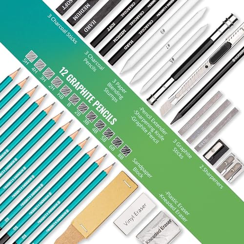 Norberg & Linden XL Drawing Set - Sketching, Graphite and Charcoal Pencils. Includes 100 Page Drawing Pad, Kneaded Eraser, Blending Stump. Art Kit and Supplies for Teens and Adults