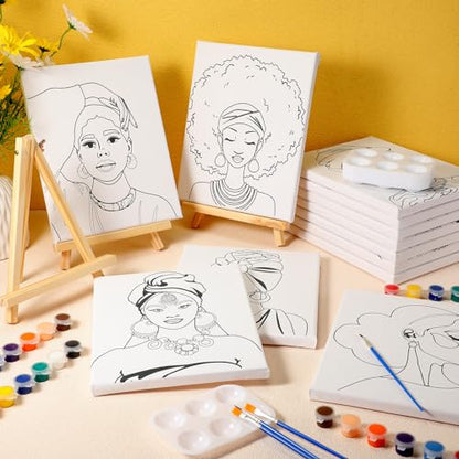 Zhanmai 72 Pcs 12 Sets Sip and Paint Kit Pre Drawn Canvas for Painting 8" x 10" Paint Party Canvas Painting Pre Printed Canvases for Party Favor DIY Virtual Adult's Date Night(Afro Queen) - style: Afro Queen