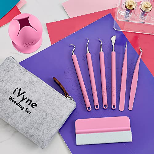 iVyne (8pcs) Premium Vinyl Weeding Tool Kit & Weeding Scrap Collector Soft Grip Tools with Berry, Weeder, Tweezers, Picker Or Hook, and Scraper Set for Silhouette Cameos & HTV- Pink - color: Silicone Tools & Berry Pink