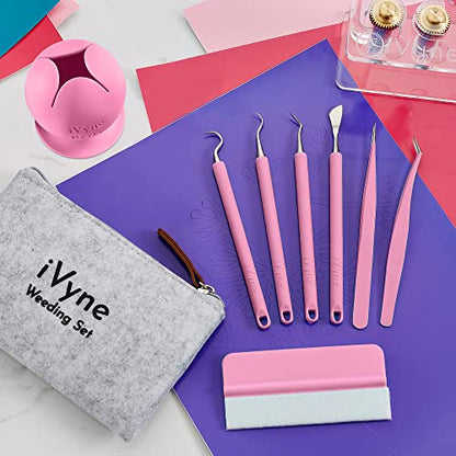 iVyne (8pcs) Premium Vinyl Weeding Tool Kit & Weeding Scrap Collector Soft Grip Tools with Berry, Weeder, Tweezers, Picker Or Hook, and Scraper Set for Silhouette Cameos & HTV- Pink - color: Silicone Tools & Berry Pink