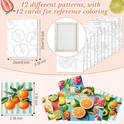 Engrowtic 12 Pcs 8 x 10'' Fruit Pre Drawn Canvas to Paint Pre Printed Sketched Canvas for Adult Ladies Paint Art Party Favor Board Set for Craft (Fruit Style) - style: Fruit Style