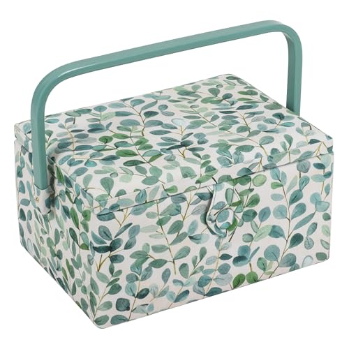 Hobby Gift Medium Sewing Box Organiser, Fabric Covered Storage Box with Handle, Internal Tray, Pin Cushion and Pocket for Sewing, Quilting and Knitting Supplies - color: Eucalyptus