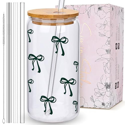 BIPEDS Cute Black Bow Glass Cup with Lid and Straws, Iced Coffee Smoothie Matcha Cup Tumbler, Birthday Gifts for Women Coffee Lover Teenage 13 14 15 16 17 18 19 years old Teen Girl Gifts Trendy Stuff - color: 04-Bow-Black