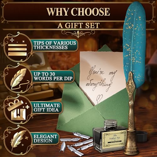 Feather Quill Pen and Ink Set – Stainless Steel Dip Pen Writing Quill and Ink Set with 5 Replacement Nibs, Non-Slip Knurled Grip, Display Stand and Elegant Gift Box – Calligraphy Gift Set (Turquoise) - color: Turquoise