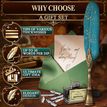 Feather Quill Pen and Ink Set – Stainless Steel Dip Pen Writing Quill and Ink Set with 5 Replacement Nibs, Non-Slip Knurled Grip, Display Stand and Elegant Gift Box – Calligraphy Gift Set (Turquoise) - color: Turquoise