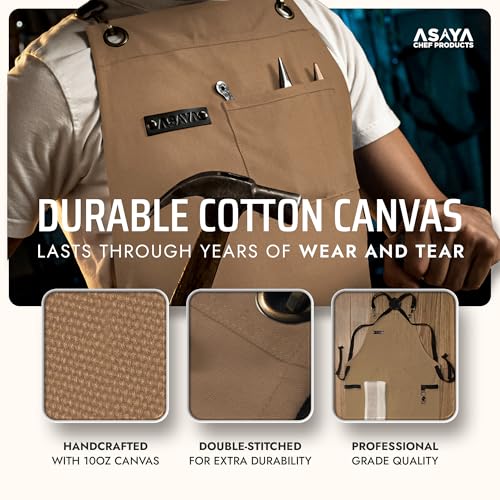 Asaya Chef and BBQ Apron with Bottle Opener and Hand Towel - 10oz Cotton Canvas, Stainless Steel Hardware - Cross Back Straps - color: Tan