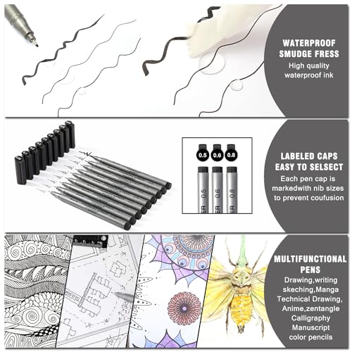 Brusarth Precision Black Micro-Pen Fineliner Ink Pens, Waterproof Archival Ink, Drawing Pen, Artist Illustration Pens, Multiliner, for Art Watercolor, Sketching, Anime, Manga, Design, 9/Set(Black)