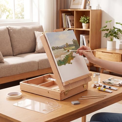 Maitys Tabletop Easel for Painting Set Portable Adjustable Wooden Sketchbox Tabletop Art Easel Stand Palette Brushes Tape Kneaded Eraser for Beginners Painting Sketching Travel