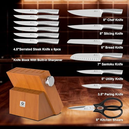 imarku 14-Piece Knife Set with Block, One Set for Meat, Fish, Veggies & Bread, Glides Through Every Cut, High Carbon Stainless Steel with Built-in Sharpener, Dishwasher Safe,Utility Knives - color: Light Brown, size: 14 Pcs