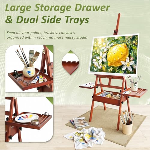 Foldable & Adjustable Art Easel with Storage Drawer Trays, Beech Wooden Easel Stand for Painting,H Frame Artist Easel for Painting Easel for Adults,Wood Easel Stand for Artist Students Studio - style: Enhanced Easel – Walnut Finish