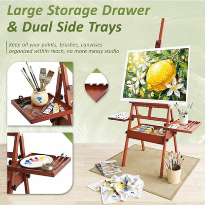 Foldable & Adjustable Art Easel with Storage Drawer Trays, Beech Wooden Easel Stand for Painting,H Frame Artist Easel for Painting Easel for Adults,Wood Easel Stand for Artist Students Studio - style: Enhanced Easel – Walnut Finish