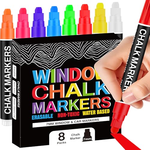 Window Chalk Markers for Glass Washable, 8 Colors Jumbo Liquid Chalk Marker Thick with 7mm 3 in 1 Nib Wide Tip, Big Chalkboard Markers Car Paint Pen for Acrylic Board LED Board, Auto, Mirror, Poster - size: 1 Count (Pack of 8)