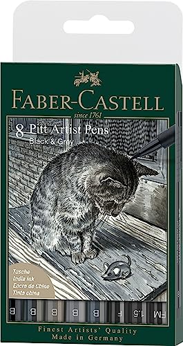 Faber-Castell Pitt Artist Pen, Black & Grey, B, F, 1.5, FM, 167171 Ink Pen, Pack of 8 - size: 8 Count (Pack of 1), style: Modern