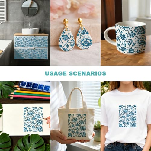 2 Sheets Chinoiserie Peony Floral Silk Screen Stencil, Blue White Porcelain Self-Adhesive Silk Screen Stencils Reusable Mesh Stencil for DIY Crafts, Scrapbooking, Home Decor - style: Chinoiserie Peony