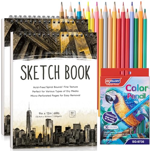 2 Pack Sketch Book with 36 Color Pencil Set, Spiral Sketchbook for Drawing (68lb/100gsm), Acid-Free Sketch Pad for Artist(9×12 inch), Art Paper Drawing Supplies for Gifts (City Style) - color: Urban Area