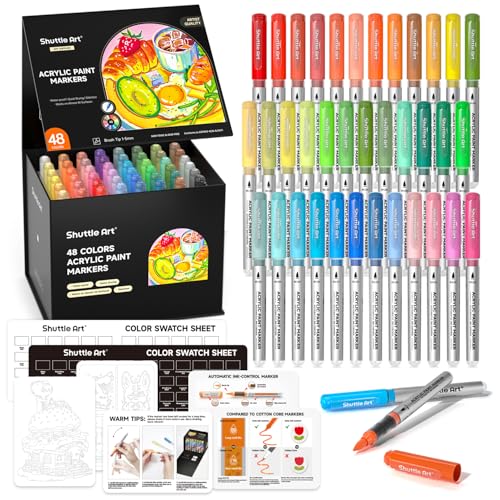 Shuttle Art Automatic Ink Control Acrylic Paint Markers, 48 Colors Brush Tip Acrylic Paint Pens for Rock Painting, Ceramic, Wood, Canvas, Glass, Stone, Fabric, Card Making, DIY & Art Supplies - color: 48 Colors Brush Tip