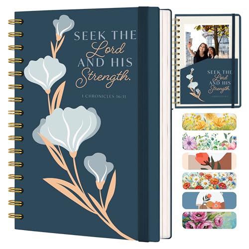 Hardcover Blank Christian Notebook – 140 Pages – Seek the Lord | Lined Pages with Bible Verse Cover – Inspirational Writing Spiral Notebook for Bible Study, 1 Chronicles 16:11 - color: Blue