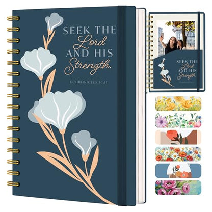 Hardcover Blank Christian Notebook – 140 Pages – Seek the Lord | Lined Pages with Bible Verse Cover – Inspirational Writing Spiral Notebook for Bible Study, 1 Chronicles 16:11 - color: Blue