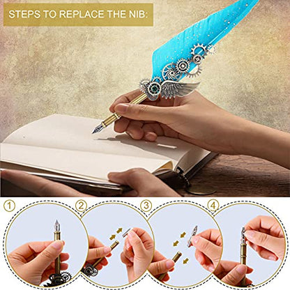 NC Quill Pen Ink Set Includes 5 Bottles of Ink and 6 Replaceable Stainless Steel Nibs, Feather Pen for Writing, Signing Invitations Etc. (Sky Blue) - color: Sky Blue