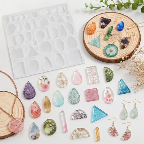Resin Jewelry Molds Silicone Molds Casting Tray with Hole Assorted Shapes Handmade Resin Pendant Mold for DIY Gem Cabochon Earring Necklace Jewelry Keychain Bookmark Making Kit Crafting Projects