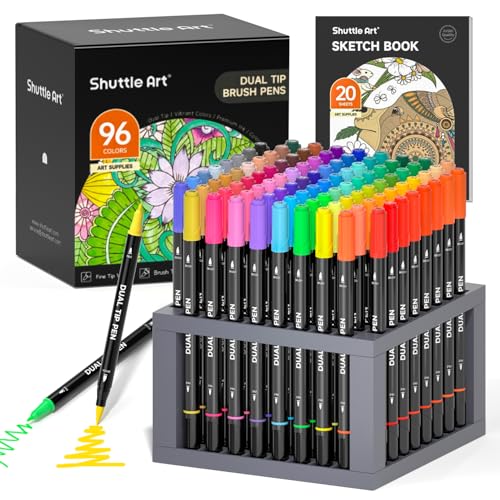 Shuttle Art Dual Tip Brush Pens, 96 Colours Fine and Brush Tip Markers Set with Pen Holder & 1 Colouring Book, Felt Tip Colouring Pens for Adults and Children Colouring Calligraphy Journal Doodling - color: 96 Colours