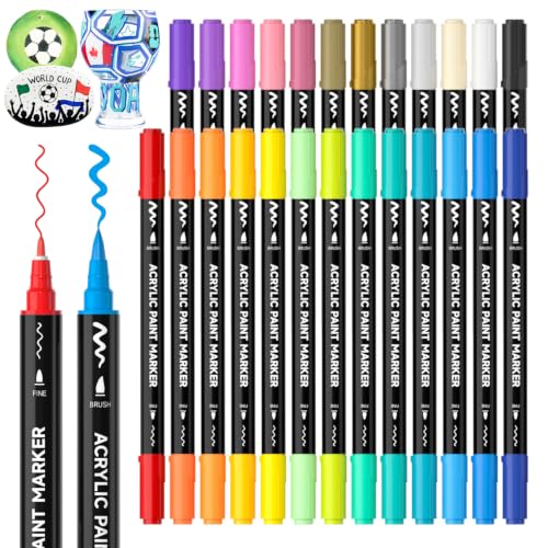 Shuttle Art 25 Colors Dual Tip Acrylic Paint Markers, Brush Tip and Fine Tip Acrylic Paint Pens for Rock, Ceramic, Wood, Canvas, Plastic, Glass, Stone, Calligraphy, Card Making, DIY Football Crafts - color: 25 Colors Brush Tip & Fine Tip