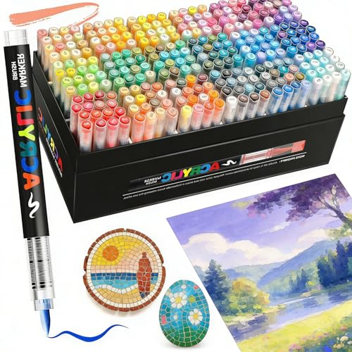 Bisofice Acrylic Paint Markers Set with Nylon Brush Tip Fast Drying Ink for Rock Glass Wood Ceramic Canvas Fabric Plastic Metal Tire Leather Smooth Coverage with 10pcs Elastic Nib (366)