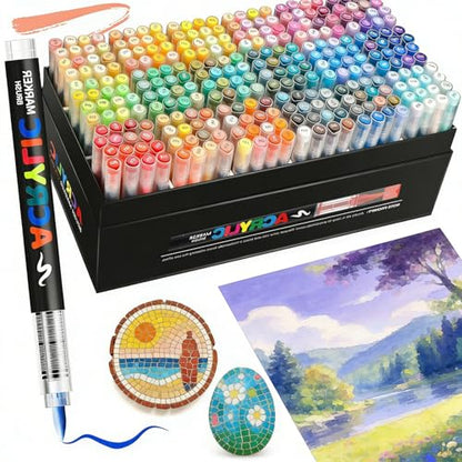 Bisofice Acrylic Paint Markers Set with Nylon Brush Tip Fast Drying Ink for Rock Glass Wood Ceramic Canvas Fabric Plastic Metal Tire Leather Smooth Coverage with 10pcs Elastic Nib (366)