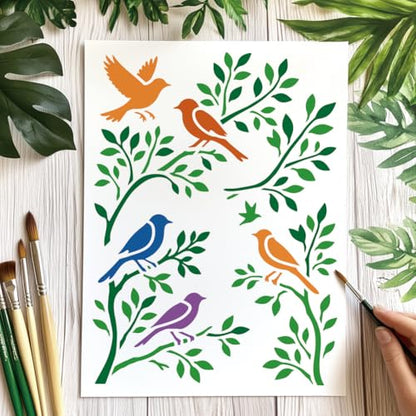 4 Sheets Bird Branches Stencils for Painting, 4 Styles Large Reusable Birds on Tree Drawing Template Birdcage Tree Silhouette Templates for Painting on Canvas Wood Wall Home Decor - style: Bird Branches